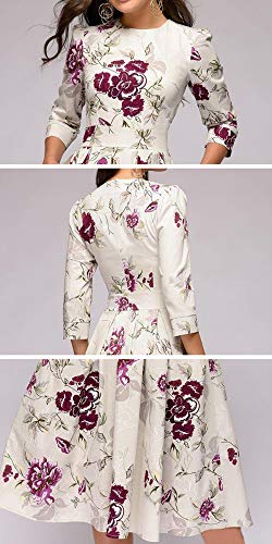 Simple Flavor Women's Floral Vintage Dress Elegant Autumn Midi Evening Dress 3/4 Sleeves (Beige, S) #TOP3