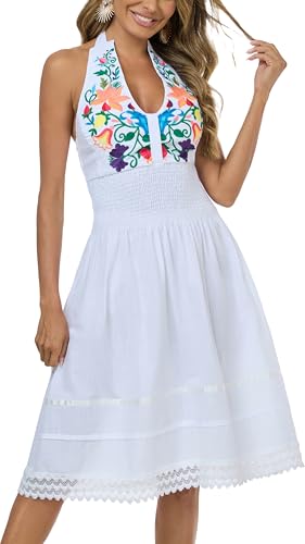 Image of Womens Mexican Floral Embroidered Halter Maxi Dress Side Slit Boho Dress