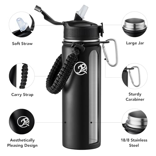 Image of GOSWAG 24oz Insulated Stainless Steel Travel Water Bottle, 2 Lids | with straw and no straw, Paracord handle, Double-wall vacuum keeps drinks cold or hot, Leakproof tumbler