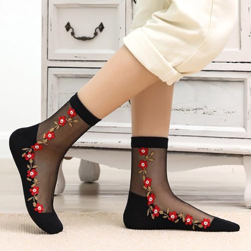 Image of DXYAKY Sheer Mesh Transparent Socks for Women Ultra-thin Lace Fishnet See Through Ankle Novelty Casual Floral Socks