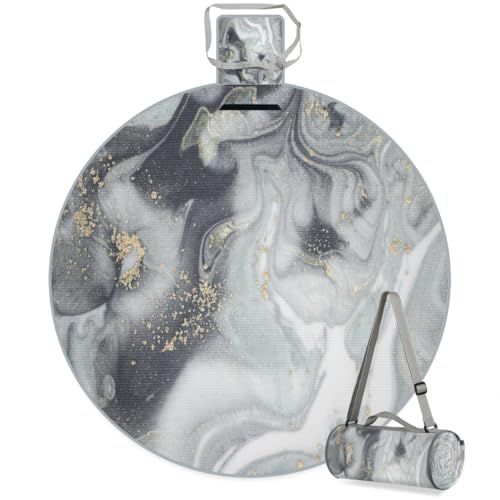 Shimoshe Gray Black Marble Liquid Pattern Picnic Outdoor Blanket Foldable Waterproof Sandproof Beach Blanket Portable Water-Resistant Round Picnic Mat for Travel Camping Park Lawn