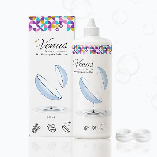 Venus® Produit Lentilles de Contact Souple - Multi-usage avec Acide Hyaluronique - Solution Lentilles Hydratante & pH Proche des Larmes - Étui Ions Argent...