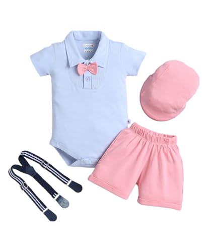 Image of BUMZEE Boys Regular Fit Half Sleeves Collar Neck Cotton Bodysuit & Short Set With Applique Bow Suspender & Cap