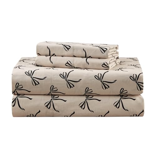 Comfort Spaces 100% Cotton Sheets Twin, Breathable, Naturally Cool Cotton Sheets, Soft Cotton Bed Sheets with 12" Elastic Pocket Fits up to 14" Mattress, All Seasons Sheet Set, Bow Black/Taupe 3 Piece