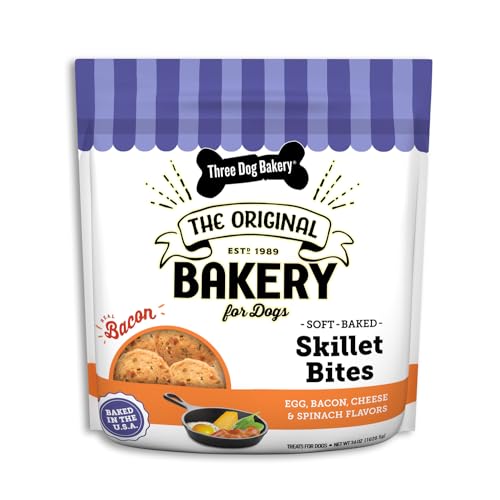 Three Dog Bakery Skillet Bites with Eggs, Bacon, Cheese, and Spinach, Soft-Baked Premium Dog Treats, 36 oz. Bag, Brown (320055) Three Dog Bakery Skillet Bites with Eggs, Bacon, Cheese, and Spinach, Soft-Baked Premium Dog Treats, 36 oz. Bag, Brown (320055)