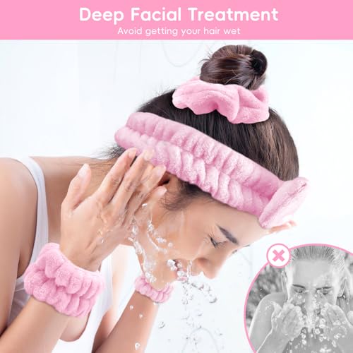 Spa Headband for Washing Face, Skincare headband and wristband set, Facial Cleansing Brush, 2-in-1 Skin Care face Brush, Come with a Hair Scrunchie, For Massaging Makeup Skincare -Pink - Image 4
