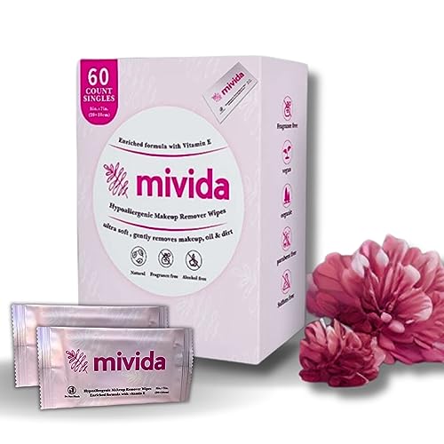mivida Makeup Remover Wipes, 60 Count - Hypoallergenic, Fragrance-Free, Alcohol-Free, Enriched with Vitamin E, Individually Wrapped make up wipes for Travel