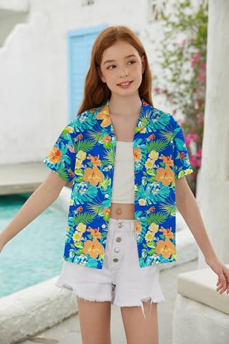 Image of SANGTREE Girls & Women's Hawaiian Shirts Button Down Short Sleeve Floral Tropical Shirt Beach Vacation Blouse Tops