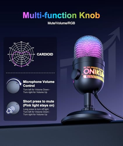 Image of USB Condenser Microphone for PC, RGB Gaming Mic with Plug & Play, Cardioid Pickup, Real-Time Monitoring, Tap-to-Mute, Gain Control for Streaming, Podcast, Recording on PC, Mac