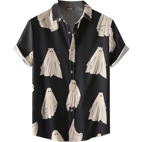 Size 2XL Black Ghost Ghost Halloween Shirt Men Fun Pumpkins Skull Short Sleeve Button Down Hawaiian Holiday Shirts Cover