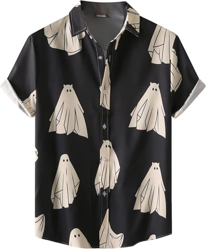 Size L Black Ghost Ghost Halloween Shirt Men Fun Pumpkins Skull Short Sleeve Button Down Hawaiian Holiday Shirts