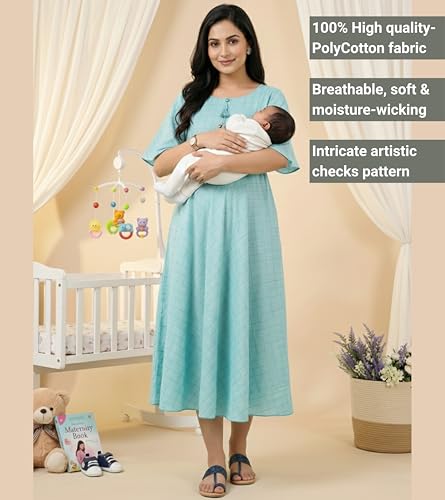 Image of DUMMY SHAPE Feeding Nighty | Maternity Dresses for Women Cotton Blend | Floral Pink Anarkali Kurta with Dual Nursing Zippers for Pregnancy & Breastfeeding | Gifts for Pregnant Women (
