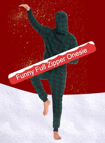 COLORFULLEAF Couples Matching Christmas Pajamas for Family Hoodie Fleece Onesie Plaid Union Suit Full Zipper Jumpsuits2