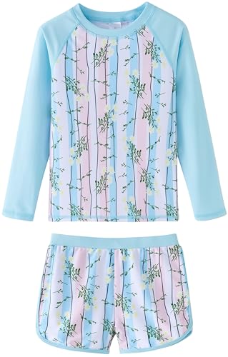 Image of UMELOK Girl Rash Guard Swimsuit 2-Pieces Long Sleeve Bathing Suit 4-12Years | Kids Swimwear Sets,UPF 50+ Sun Protection,Soft And Comfortable Fabric,Swimming Pool,Beach