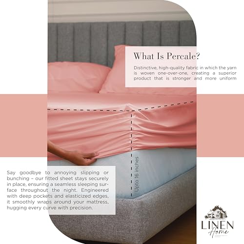 Image of Linen Home 100% Cotton Percale Sheets King Size, English Rose, Deep Pocket, 4 Pieces Set - 1 Flat, 1 Deep Pocket Fitted Sheet and 2 Pillowcases, Crisp Cool and Strong Bed Linen