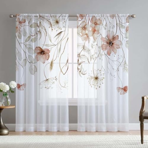 Fereyis Flower Sheer Curtains for Living Room 84 inch Length 2 Panels Set Elegant Dandelion Spring Printed Window Curtain Chiffon Drapes for Bedroom