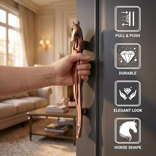 Image of GLOXY Premium Rose Gold 12 inch Horse Shaped Main Door Handle with 8 inch Hole-to-Hole Spacing - Decorative Push & Pull Aluminium Wooden & Glass Doors Handles for Homes, Restaurants & Offices - Pack of 1