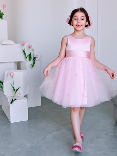 Flower Girl Dress Tulle Satin Wedding Party Dress with Pearls Gilrs Birthday Party Dress with Bow-Knot4