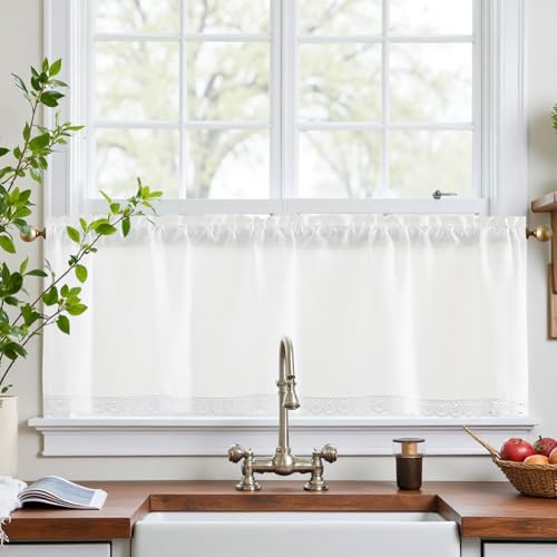 Vangao Scheibengardinen Küche Spitzenborte Weiß Leinenoptik...