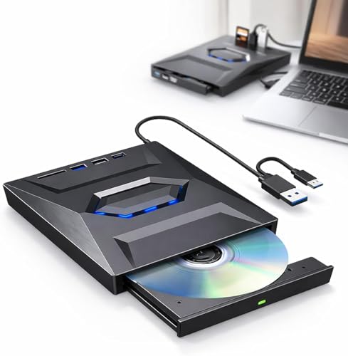 7-in-1 Externes USB-DVD-Laufwerk und Blu-ray-Player, USB C 3.0 Typ-C tragbarer BD/DVD/CD-Brenner, Leser, 6 x optisches Blu-ray-Laufwerk für Laptop, Desktop (Schwarz, 1 Stück)