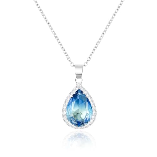 Linawe Collar de cadena con colgante azul aguamarina con piedra natal de diamante, cadena de plata y cristal para mujer, conjuntos de joyas para mujer, colgantes de cadena