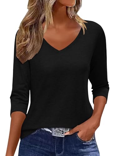 Minetom T-Shirt Damen 3/4 Arm Shirt Sommer Tshirt V-Ausschnitt Basic Oberteile Pullover Herbst A Schwarz L