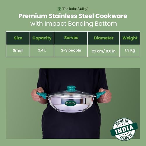 Image of The Indus Valley Stainless Steel Impact Bonded Kadai 2.4 litres | Even Heating Cookware | Induction-Friendly | Heat-Resistant Handle | 100% Toxin-Free | Suitable for Gas & Induction Cooking