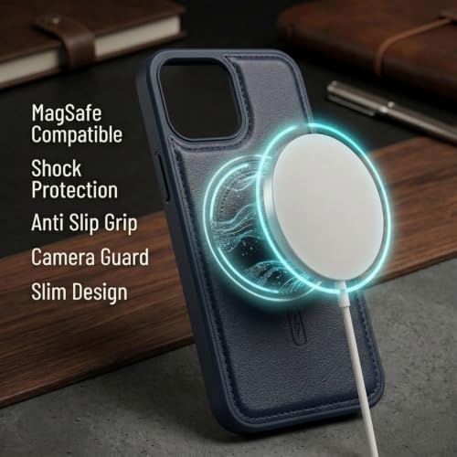Image of amazon basics Premium PU Leather Case for iPhone 13 Pro Max, MagSafe Compatible Magnetic Ring, Sleek Protective Back Cover - [Blue]
