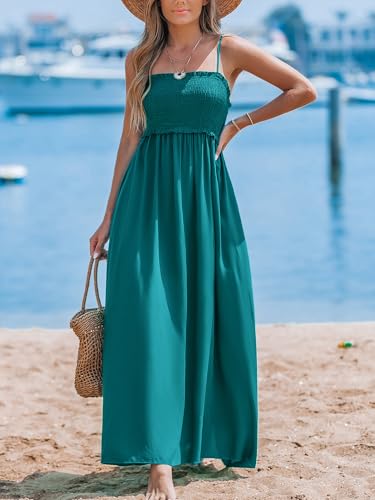 Image of CUPSHE Women Spaghetti Straps Boho Maxi Dress Summer Sleeveless Smocked Floral Beach Long Dress Flowy Cruise Vacation Outfits