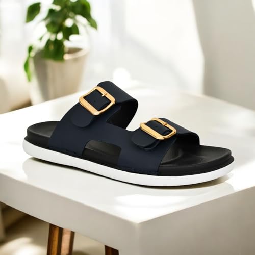 Image of Men's Stylish Dual Buckle Slip-On Sandals | Comfortable & Lightweight Casual Sliders /Slipper for Everyday, Travel, & Beach