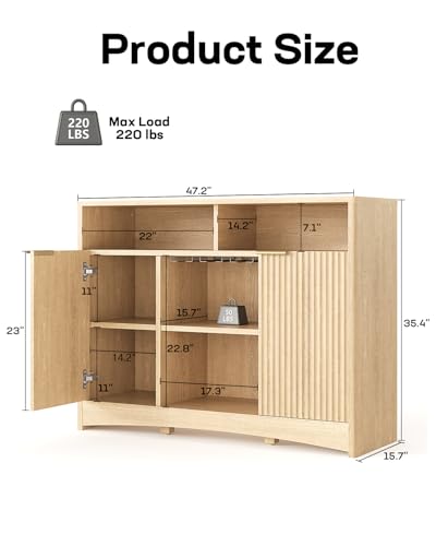 Marsail 47.2" Bar Cabinets with Storage, Modern Buffet Cabinet, Large Sideboard with 2 Fluted Panel Doors, Coffee Bar Cabinet with Adjustable Shelf and Glass Rack for Kitchen, Living Room, Natural Oak - Image 4