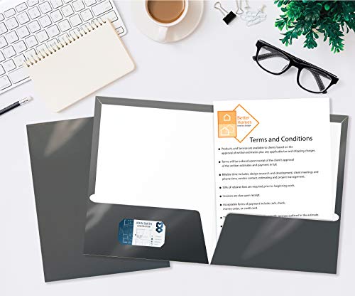 Image of Better Office Products 2 Pocket Glossy Laminated Gray Paper Folders, Box of 25, Letter Size, Gray Paper Portfolios, 25 Pack