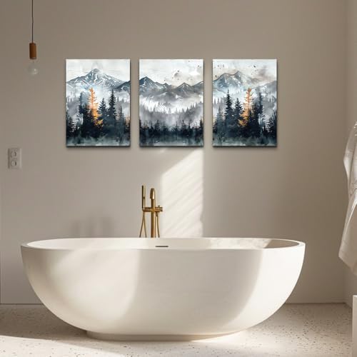 DZRWUBHS Canvas Wall Art for Bedroom Modern Wall Decor for Living Room Office Decorations Mountain Landscape Wall Pictures Foggy Forest Vintage Paintings Artwork Bathroom Home Decor Prints 3 Piece