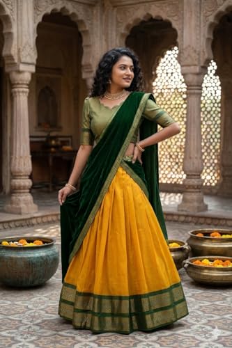 Image of RENVAANI Women's Traditional Kanjivaram Kanchipuram Silk Zari Weaving Unstitched Lehenga Choli with Dupatta