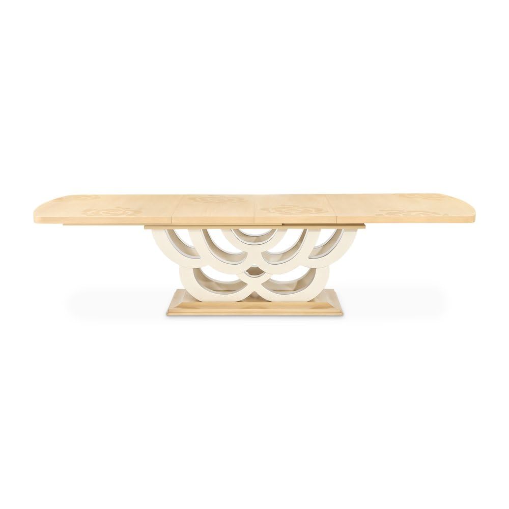 Camellia Field Caramel Rectangular Pedestal Dining Table by Michael Amini – Solid; Manufactured Wood, Caramel, Model N9090002-134