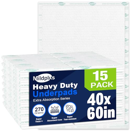 Heavy Duty Underpads 40X60 Super Sized Chucks Pads 270 Grams Disposable Bed Pads with Strength Cloth Backing Extra Absorption Pads for Incontinence (100X152CM 15 Count Discreet Packaging)
