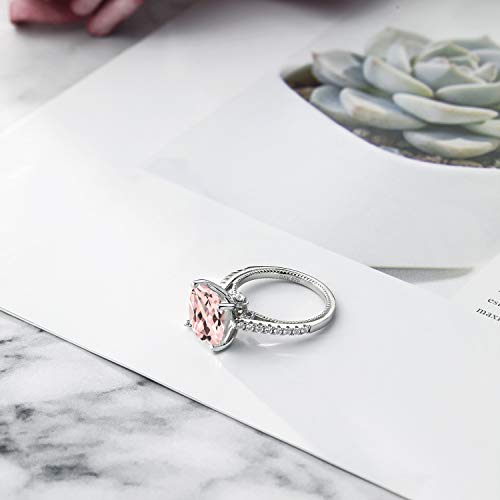 Gem Stone King 4.59 Cttw Peach Simulated Morganite and White Created Sapphire Engagement Ring For Women | 925 Sterling Silver | Cushion Cut 10MM | Available in size 5, 6, 7, 8, 93