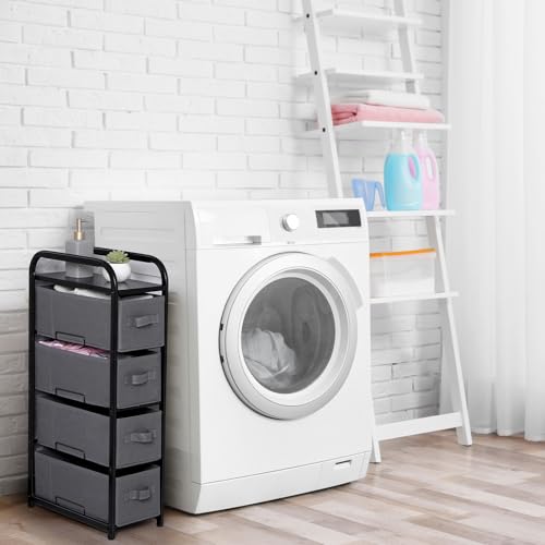 MAX Houser 4 Drawer Narrow Dresser Fabric Storage Tower Vertical Slim Storage Chest Organizer Nightstand Side/End Table Small Standing Organizer Removable Drawers Wood Top for Bedroom, Bathroom(Grey - Image 3