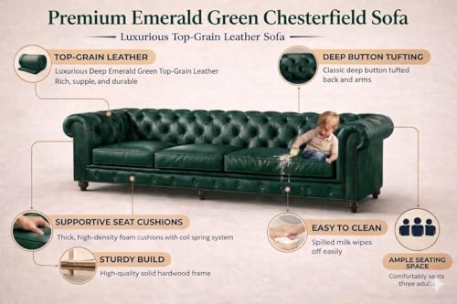 Image of Modern Classic Design Leatherette Luxury Chester Sofa Set with Button Tufted, Sofa for Living Room Home, Office, Bar, Hotle and Lobby, Living Room Set (Green, 3 Seater Sofa)