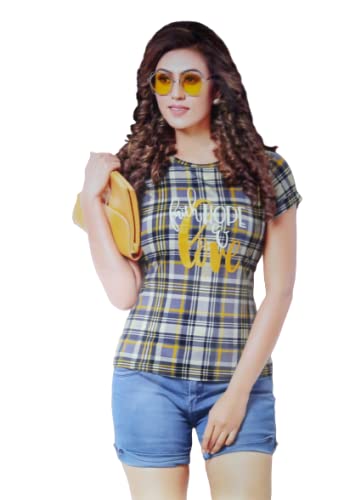 Mdstore Designer Checks Magic Sleeves Tshirt with beautiful print on Top for Girls & Women (Mustard)