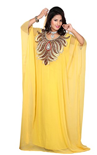 IndianAttire Women's Dubai Style Kaftan Farasha Dress N4 - Yellow