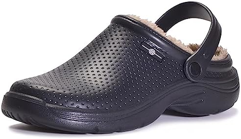 Waterproof House Slippers Women Men Fur Lined Clogs Winter Garden Shoes Warm Fleece Lining Home Shoes Slip On Indoor Outdoor Mules(Black, 10women/9men, 42 EU)