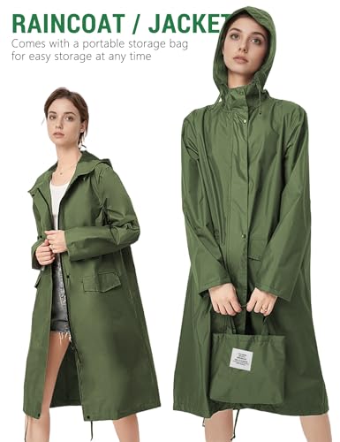 Image of Venzina Raincoat for Women High Waterproof Hooded Rain Jacket Zip-up Rain Coat Knee-length Lightweight Rainwear with Storage Pouch, Stylish A-line Poncho for Camping, Commutes, Travel