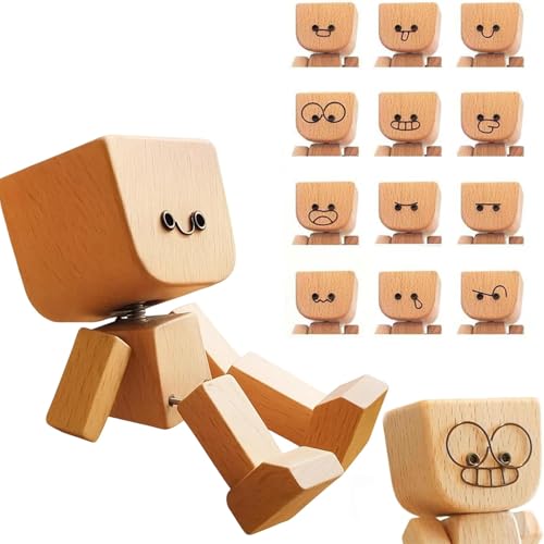 Shaking Wooden Man Figurine for Car Dashboard Decor with 12 Magnetic Expressions Fun Dancing Feet Doll Perfect Car Ornaments and Wood Desktop Decor for Personalized Vehicle and Home Style