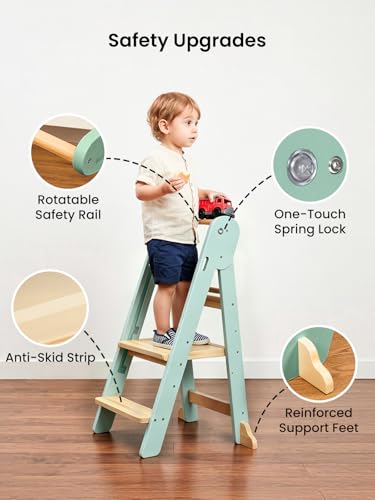 Image of Grownsy Foldable Step Stool Toddler Tower, Toddler Kitchen Stool Helper, Collapsible Kids Standing Tower with 3 Adjustable Heights and Safety Net for Kitchen Bathroom Sink Counter (Green)