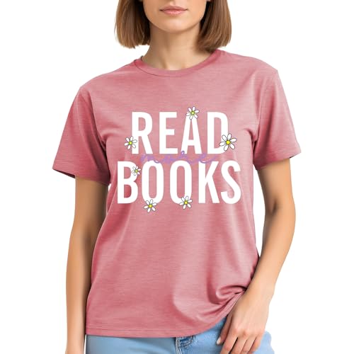 Image of Reading Teacher Shirt Women-Cute Read More Books Short Sleeve Library Book Lovers Daisy Tee Tops
