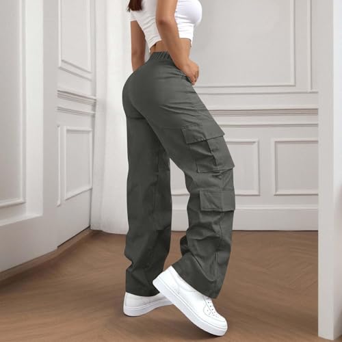 Womens Cargo Pants Elastic High Waisted Hiking Pants Baggy Stretchy Wide Leg Y2K Streetwear Trousers with Pockets3