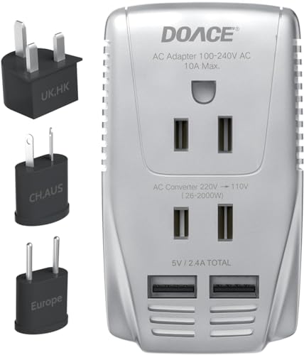 Image of 220V to 110V Converter, DOACE 2000W Travel Voltage Converter for Hair Dryer Straightener Curling Iron, 10A Power Adapter with 2 USB and EU /UK /AU /US Plugs for Charging Laptop Tablet Camera Cell Phone
