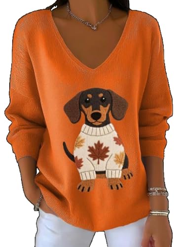 CVSSOR Dachshund Fall Shirts and Sweatshirts Fall T Shirts Dachshund V Neck Tops Autumn Dog Shirt For Women Orange