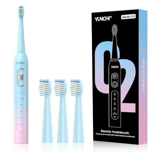YUNCHI Electric Toothbrush for Adults, Sonic Toothbrush, Rechargeable Electric Toothbrush with 4 Brush Heads,5 Modes & 2 Minutes Smart Timer,Waterproof,55 Battery Days, Pink-Green